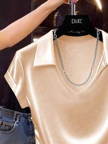 Franclia Áo thun trơn satin bóng màu trơn đơn giản dành cho nữ mặc đi học đại học - Rượu sâm banh - Xem 3