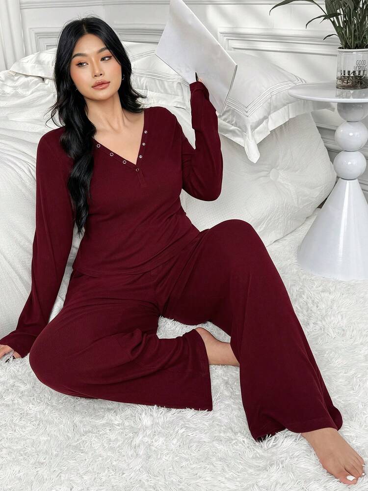 Dazy Plus 2pcs/Set Fashionable Casual Homewear, Red Chinese New Year & Christmas Fitted Top And Loose Pants, Plus Size Women Spring/Autumn Pajama Set