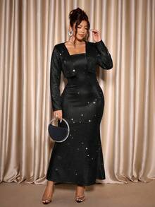 Cravure 大码女式银箔性感抹胸收腰美人鱼裙摆紧身连衣裙配小开衫外套两件套 - 黑色 - 查看 6