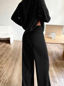 SHEIN EZwear 大码舒适黑色针织家居服套装 - 黑色 - 查看 6