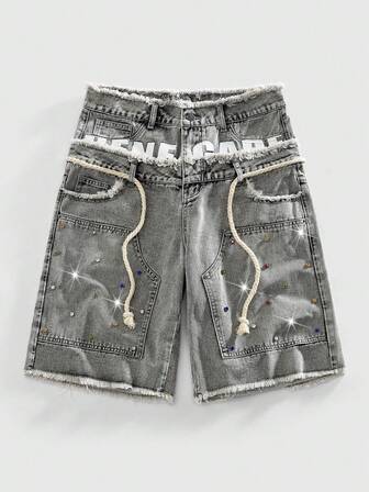 Street Life Herren Loose Fit Jeans Shorts mit elastischem Bund und Strass Verzierung