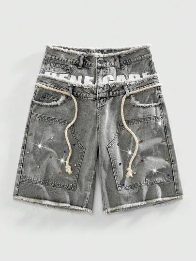 Street Life Pantalones cortos vaqueros de hombre con ajuste holgado, cintura elástica y decoración con rhinestones