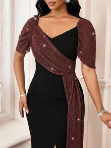 SHEIN Lady Đầm ôm thanh lịch cổ tim đính sequin màu tương phản dành cho nữ, thiết kế viền xẻ tà bên hông - Nhiều màu - Xem 6
