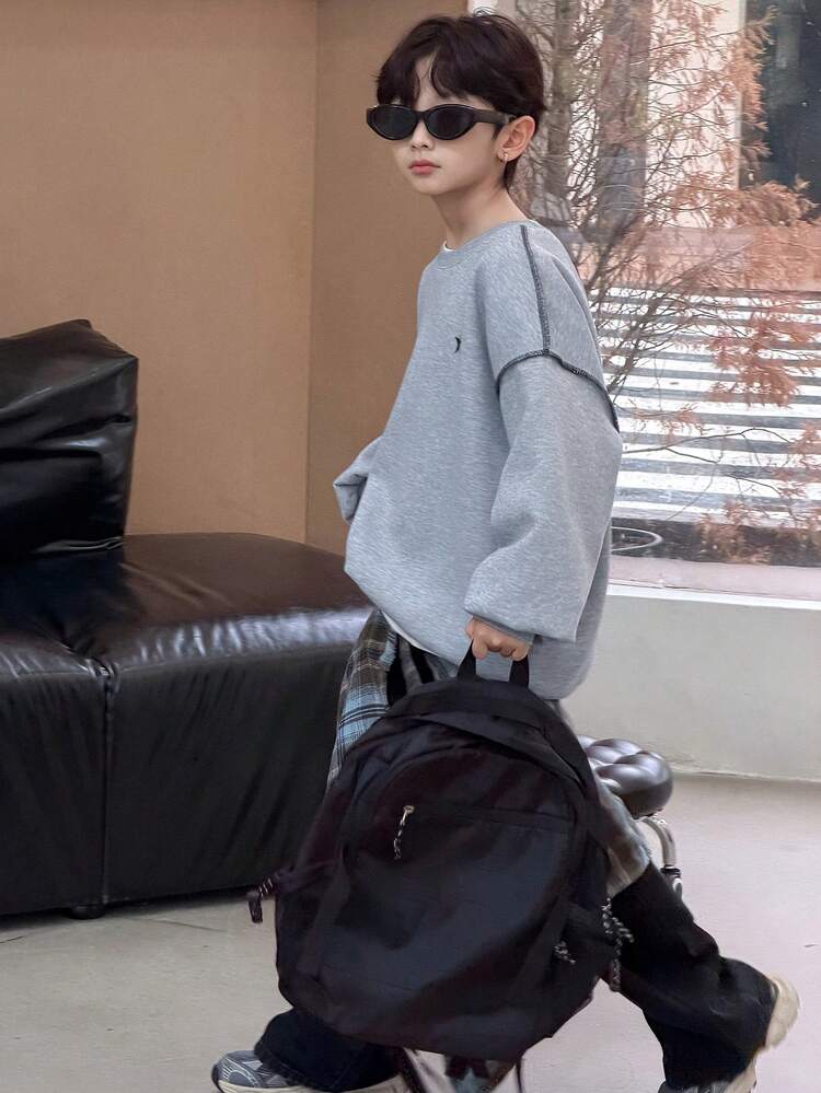 Tween Boy Drop Shoulder Loose Fit Crew Neck Pullover Sweatshirt