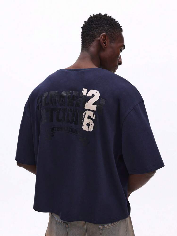 Boxy Fit Navy T-Shirt With Graphics