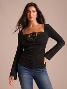 Enchnt Spring Romantic Women's Elegant Fashionable Black Ruffle Collar Lace Patchwork Long Sleeve Blouse, Date&Office&Going Out&Daily Commuting,Black Blouse,Spring Clothes, Black Top - Black - View 5