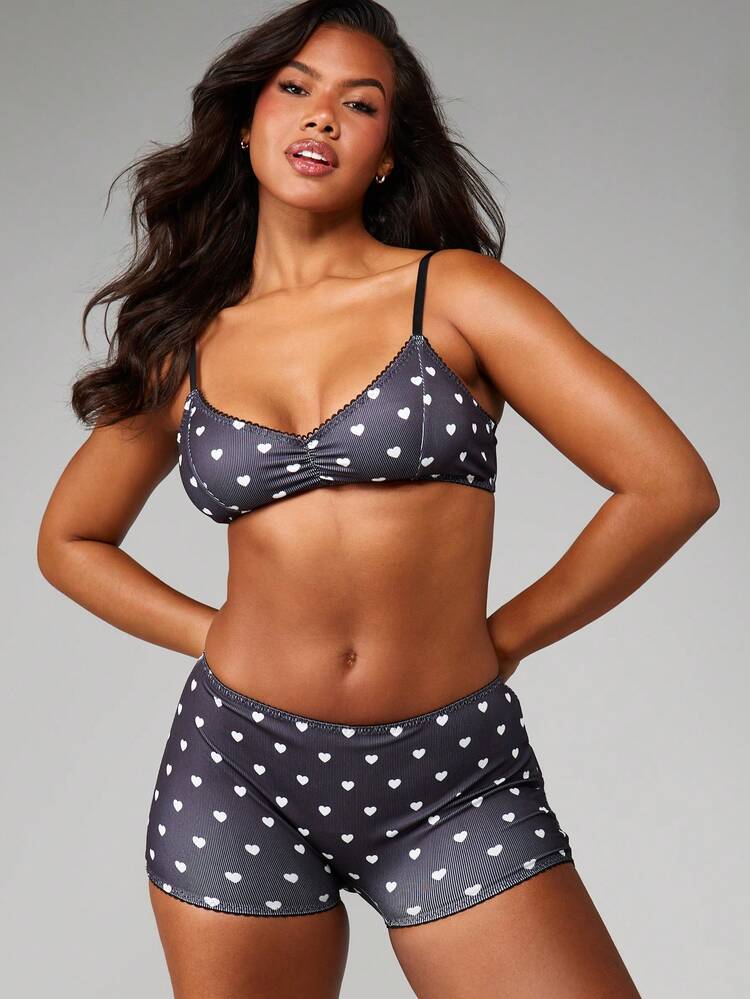 MISSGUIDED Ribbed Heart Print Bralette And Boyshort Panty Set Matching Lingerie Underwear Intimate Sleepwear Comfort Soft Lounge Two Piece