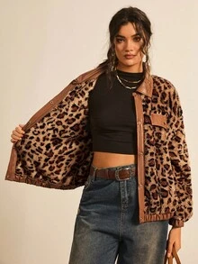 SHEIN VCAY 大码休闲豹纹仿毛皮外套，秋冬季豹纹外套，猎豹纹外套，保暖舒适蓬松休闲外套，适合外出穿着，秋季感恩节新年冬季皆宜