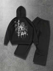 ROMWE MEN Men's Y2K Anime Dark Graphic Print Hoodie Set - Black - View 1