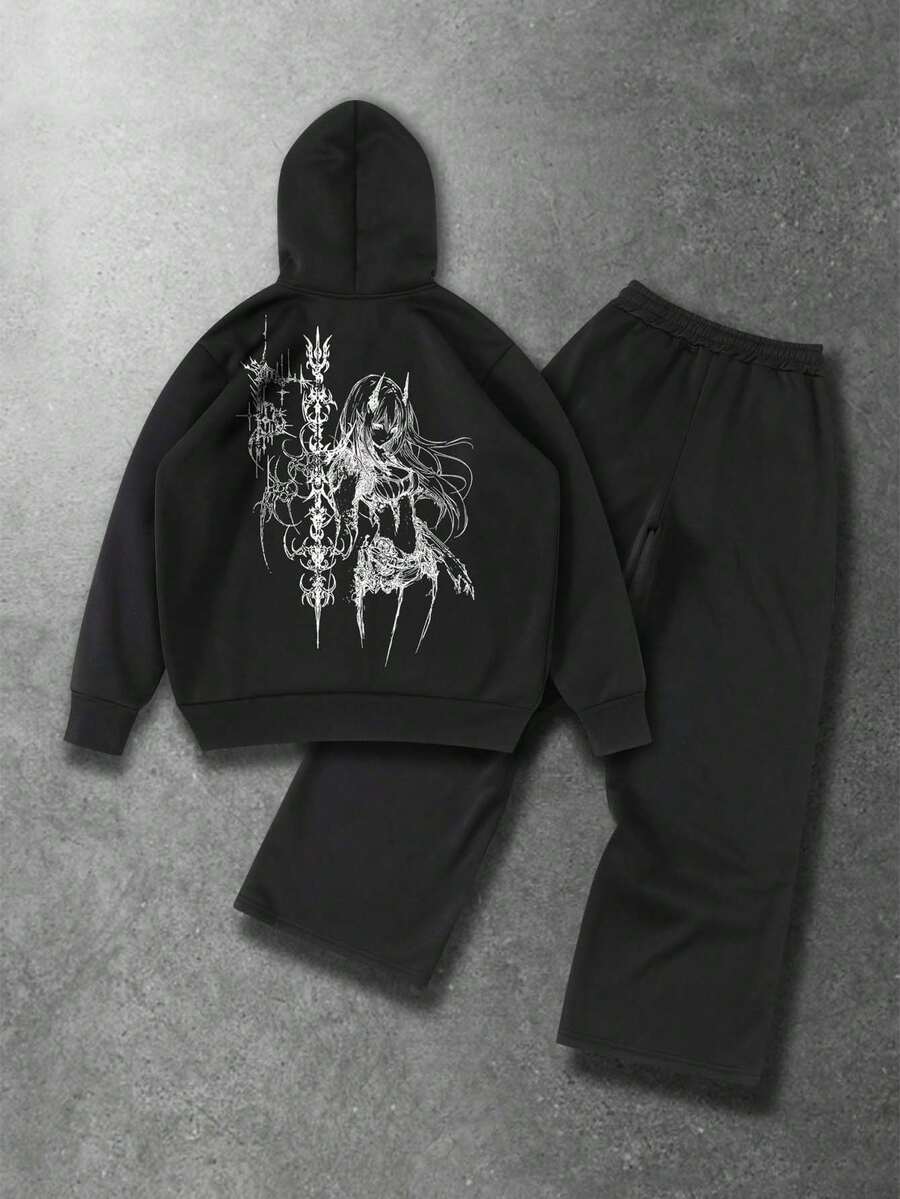 ROMWE MEN Men's Y2K Anime Dark Graphic Print Hoodie Set - Black - View 1