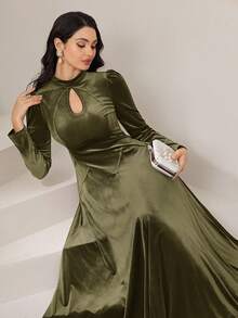 Modelyn 酒红色女士纯色钥匙孔领泡泡袖优雅连衣裙长款晚礼服 - 橄欖綠 - 查看 4