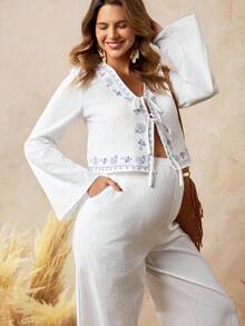 Boho Mama Two-Piece Nursing Set With Drawstring Top And Pants, Printed, Stylish Everyday Beach White Casual Set, Women's Pure Cotton Linen Two-Piece Set, Maternity Two-Piece Set, Casual Set, Maternity Two-Piece Set. - White - View 5