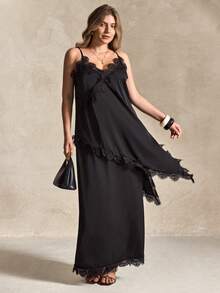 Elegantrix Women's Lace Asymmetric Elegant Slip Skirt Set, Suitable For Dates, Party Outfits, Elegant And Fashionable - Black - View 6