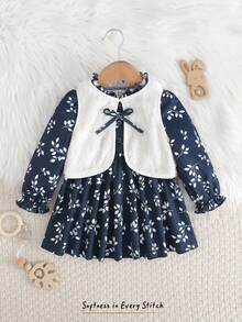 Cozy Pixies 2pcs Baby Girl Thermal Lined Sleeveless Vest & Long Sleeve Floral Print Dress Set Baby Girl Clothes Baby Girl Spring Dress Baby Vintage Dress Baby Girl Fall Dress Baby Girl Winter Dresses