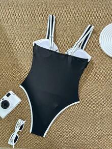 Swim Chiccia Women's Vacation Party Beach Mesh Fabric Black & White One Piece Swimsuit Push Up One Piece Swimsuit Black Bathing Suit Women Bikini One Piece Black And White Swimsuit - Black and White - View 2