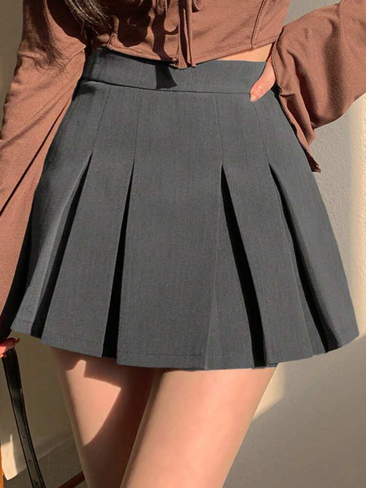 Women Solid Color Short Pleated A-Line Skirt - College Style