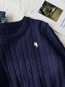 SHEIN 少女休闲纯色圆领长袖麻花针织毛衣，麻花针织毛衣，女童短款针织上衣，短款毛衣，少女毛衣，女童针织上衣，秋冬女装 - 藏蓝色 - 查看 5