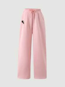 SHEIN 青少年女孩運動褲，休閒極簡 Logo 圖案對比色口袋運動衫，寬鬆舒適寬腿慢跑褲 - 粉色 - 查看 3