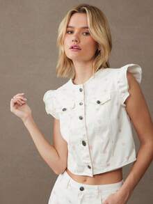 WESTFADE 圆领纽扣前襟荷叶边袖100%纯棉牛仔波点外套，可爱秋季上衣，适合秋季、冬季、圣诞节、节日、新年、新年、波西米亚风、休闲场合。 - 彩色 - 查看 1