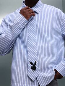 PLAYBOY X SUMWON Camisa de botones a rayas con logo, de manga larga, con cuello, de corte ajustado, diseño casual de negocios - Azul y blanco - Ver 4
