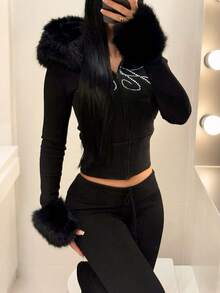 INAWLY Women's Hooded Long Sleeve Fitted Waist Sweatshirt Jacket - Black - View 1