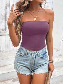 Sylviya Women Casual Solid Color Versatile Tube Top Bodycon Tee, Suitable For Summer Suitable For Going Out - Dusty Purple - View 5