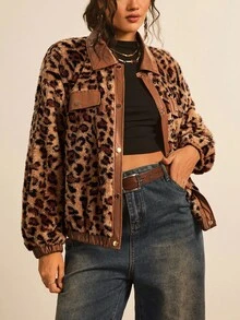 SHEIN VCAY 大码休闲豹纹仿毛皮外套，秋冬季豹纹外套，猎豹纹外套，保暖舒适蓬松休闲外套，适合外出穿着，秋季感恩节新年冬季皆宜