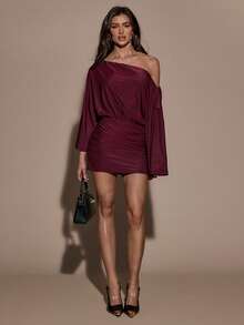 SHEIN BAE Abito lungo a maniche lunghe con spalle scoperte, vita stretta e vestibilità ampia, di colore unito - Bordò - Visualizzare 4