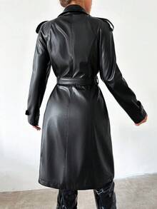 VaVaBold Pu Notched Collar Long Trench Coat Fall Winter Cloth For Women - Black - View 2