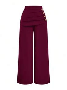 Sweetra Pantaloni da donna taglie forti con decorazione fibbia 2 in 1, snellenti, eleganti, versatili, adatti per l'ufficio e il casual, gamba dritta, autunno/inverno - Bordò - Visualizzare 1