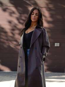 SAYEHFBABY Damen Regular Fit Kunstleder Jacke mit Kontrastlappenbesatz, Bindegürtel und Taille für Herbst/Winter - Kaffeebraun - Übersicht 5