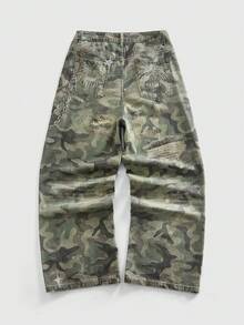 ROMWE MEN Grunge Punk Men's Casual Retro Camouflage Print Denim Jeans