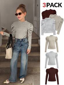 SHEIN 2pcs/Set Tween Girl Slim Fit Casual Mock Neck Raglan Sleeve Ribbed T-Shirts, Girls Ribbed Set, Girls Long Sleeve Tops, Solid Color Tops Tween Girl - Brown - View 2