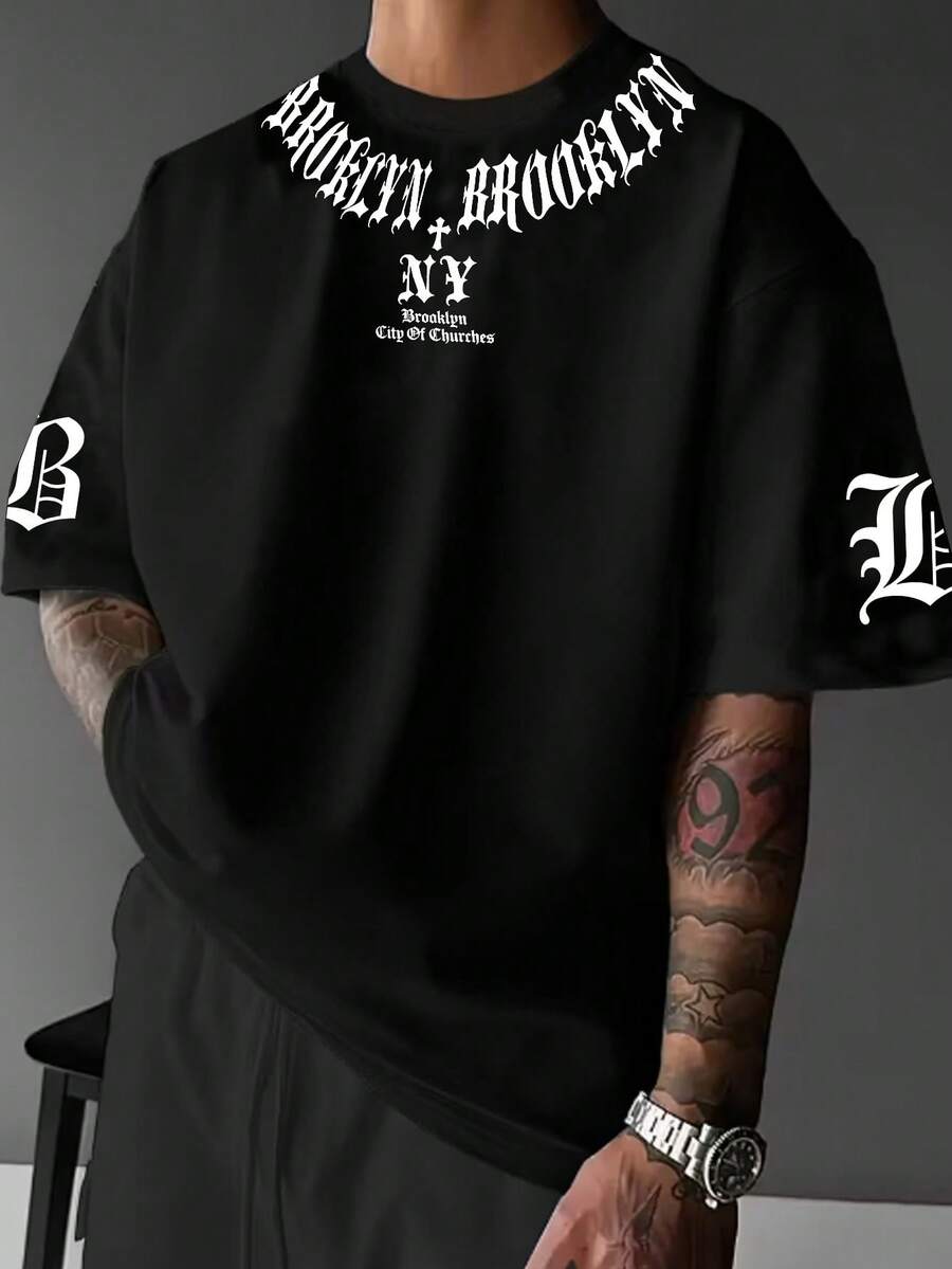 Manfinity Dauomo Áo thun nam cổ tròn tay ngắn in họa tiết thường ngày - Nhiều màu - Xem 1