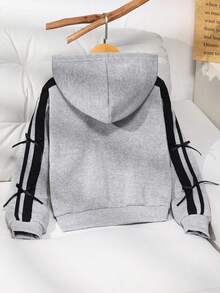 SHEIN Áo khoác cho bé gái tuổi teen, Áo khoác nỉ nơ thời trang màu trơn, Vải nỉ lót nhiệt dày thoải mái, Trang trí tay áo nơ, Phong cách trẻ trung và năng động, Thích hợp cho mùa tựu trường hoặc mặc ngoài trời hàng ngày - Xám - Xem 2