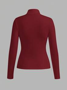 SHEIN BASICS 秋冬季基础款高领修身长袖纯色女式上衣，升级保暖内衬面料，时尚休闲舒适，百搭不臃肿，红色上衣，圣诞节，女士红色上衣，酒红色上衣 - 酒紅色 - 查看 2