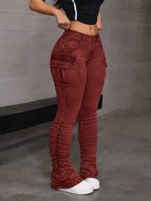 SHEIN ICON 女士休闲褶裥口袋牛仔裤 - 酒紅色 - 查看 2