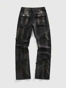 ROMWE MEN Grunge Punk Herren Mode Zerrissene Nieten Dekor Bootcut Jeans - Schwarz - Übersicht 2
