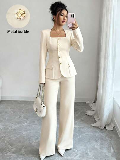 Elenzga 2pcs Women's Suit Fabric Trapezoid Collar Front Metal Button Waist A-Line Hem Slit Pockets Long Sleeve Shirt + Straight Pants Solid Color Elegant Office Commute Streetwear Autumn/Winter Fashion Versatile Business Casual Thanksgiving Afternoon Tea Party Back To School