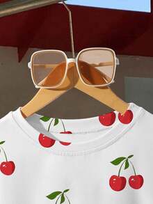 Resyla 女士休闲樱桃印花圆领短款T恤 - 白色 - 查看 3