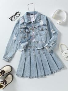 Sparklyn 少女Y2K风格牛仔两件套，秋冬新品，学院风，外套+百褶裙套装，休闲街头风，长袖做旧牛仔外套+牛仔百褶迷你裙，中蓝色复古水洗牛仔布，宽松时尚百搭套装，牛仔新品套装