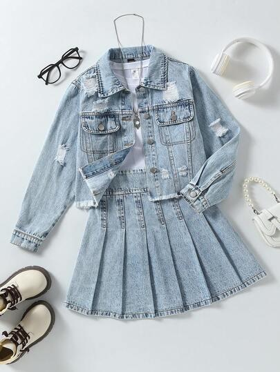 Sparklyn 少女Y2K风格牛仔两件套，秋冬新品，学院风，外套+百褶裙套装，休闲街头风，长袖做旧牛仔外套+牛仔百褶迷你裙，中蓝色复古水洗牛仔布，宽松时尚百搭套装，牛仔新品套装