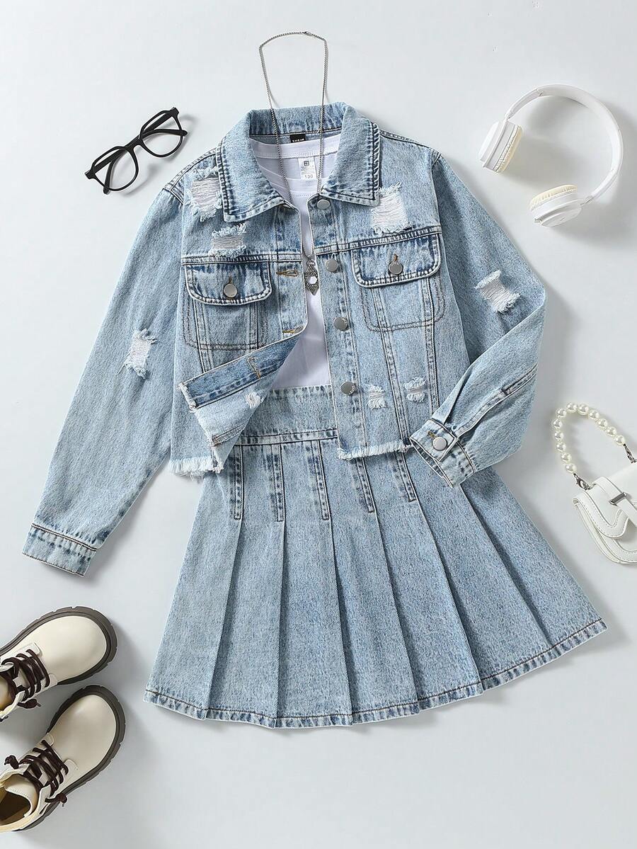 Sparklyn 少女Y2K风格牛仔两件套，秋冬新品，学院风，外套+百褶裙套装，休闲街头风，长袖做旧牛仔外套+牛仔百褶迷你裙，中蓝色复古水洗牛仔布，宽松时尚百搭套装，牛仔新品套装