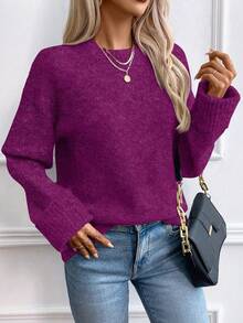 EMERY ROSE Women's Loose Fit Crew Neck Pullover Sweater With Ribbed Cuffs