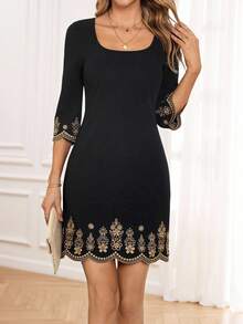 Miaspire Woman's Square Neck Elegant Slim-Fit Embroidered Dress. - Black - View 1