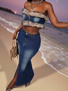SHEIN Unity Women's Furry Patchwork Cropped Tube Top & Maxi Denim Skirt Set,Dark Blue,Summer,Street Wear Y2k,Night Out Jean Two Piece Outfit With Diamonds - Dark Wash - View 5