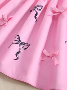 Casuvi Kids 1 Set Girls Sweet & Cute White Short Letter Print T-Shirt (With Pink Bow Decor), Paired With Pink Multi-Bow Decorated Skirt, Regular Thickness, Outfit For Daily Wear, Summer - Pink - View 6