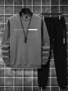 Manfinity Homme 男士字母印花圆领长袖卫衣和运动裤休闲两件套健身服 男士慢跑服 男士休闲套装 男士运动服套装 男士运动套装 - 彩色 - 查看 4