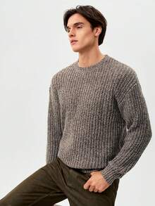 RONVEXI 男士纯色圆领长袖罗纹针织休闲套头毛衣，秋冬款 - 灰色 - 查看 5