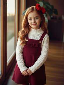 Emery Rose Kids 少女圣诞可爱酒红色灯芯绒背带裙 - 紅色 - 查看 5